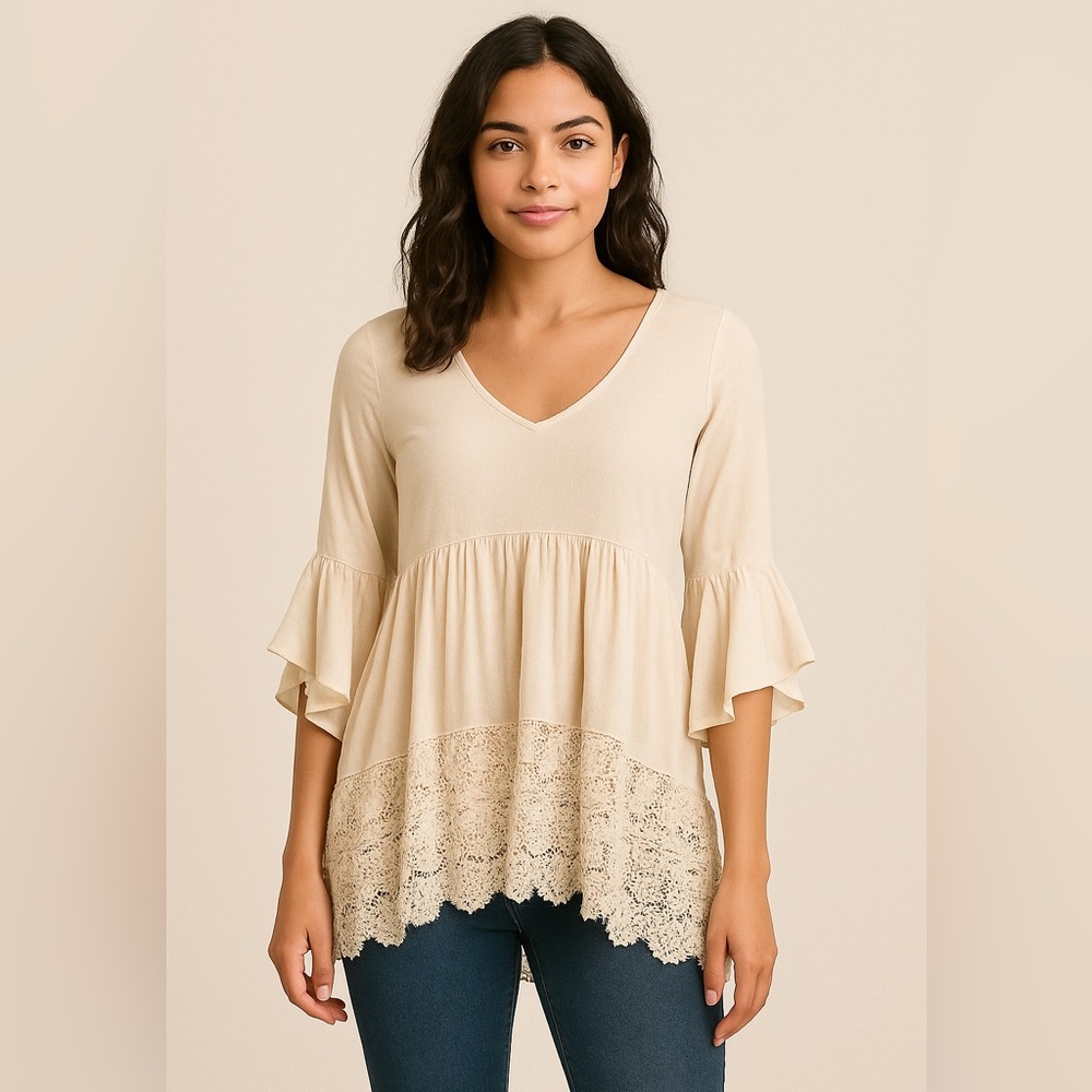 Cupio Cream Tunic Top with Crochet Lace Hem & Ruffle Sleeves | Size Small